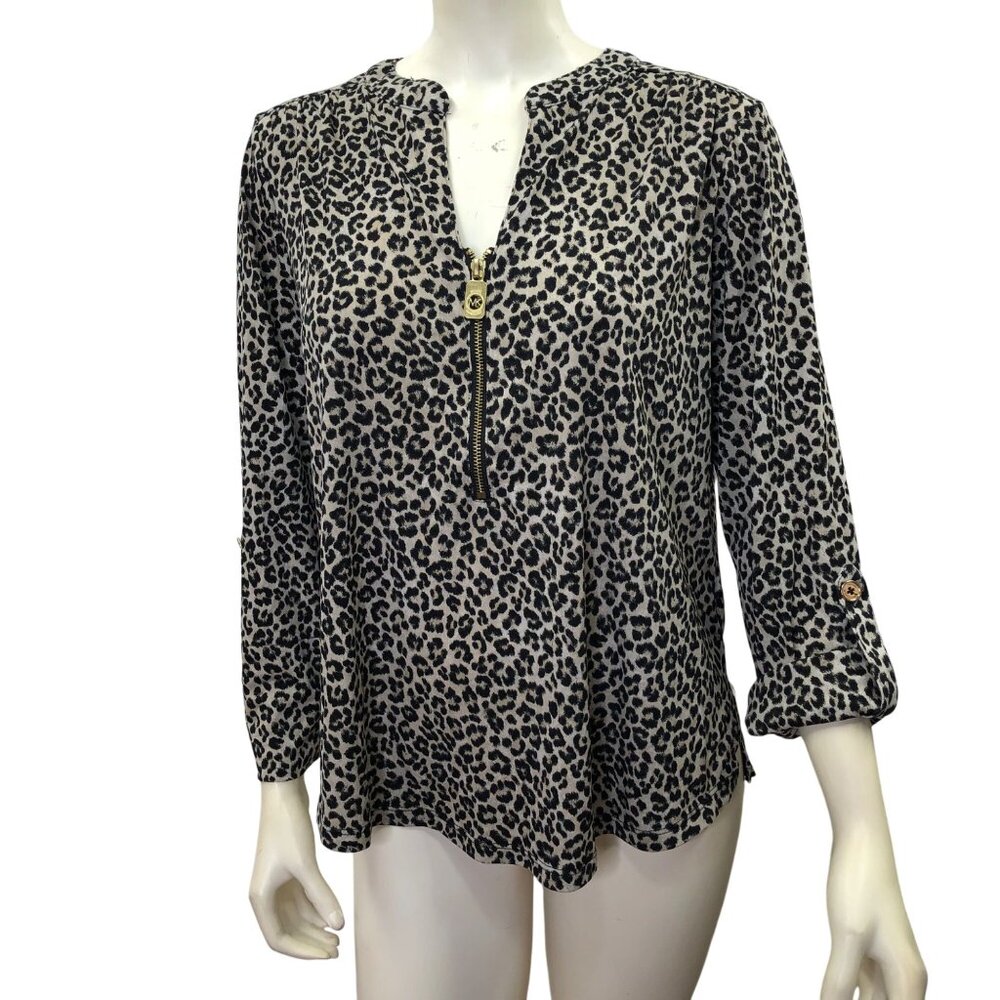 MICHAEL KORS ANIMAL PRINT HALF ZIP FRONT rolled sleeve LG
